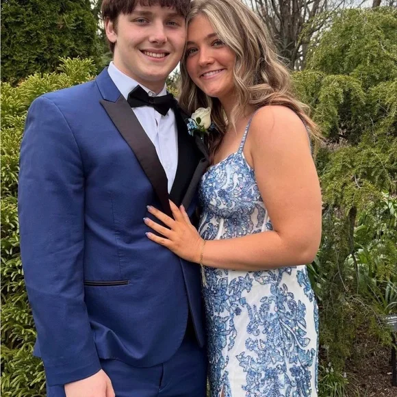 Sherri Hill Blue and White Prom Dress